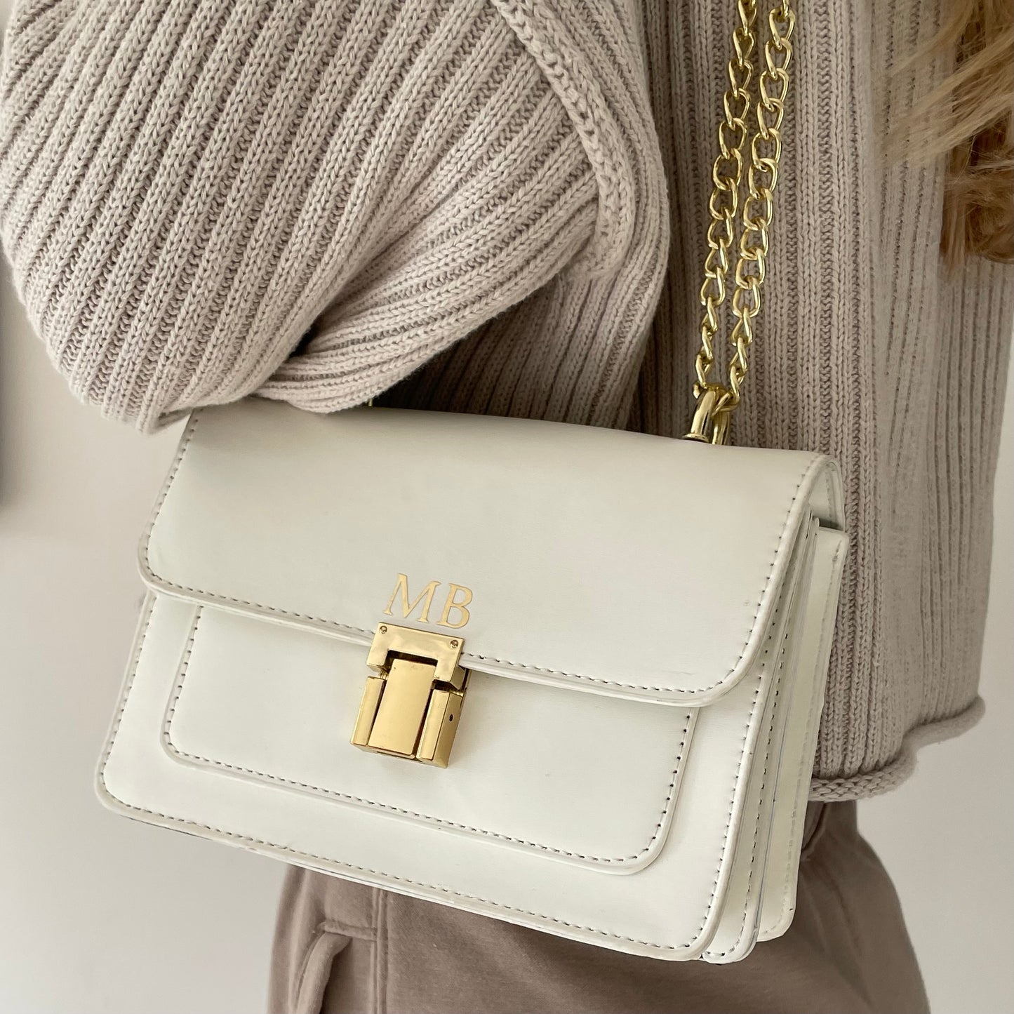 Personalised Embossed White Faux Leather Chain Shoulder Cross Body Bag
