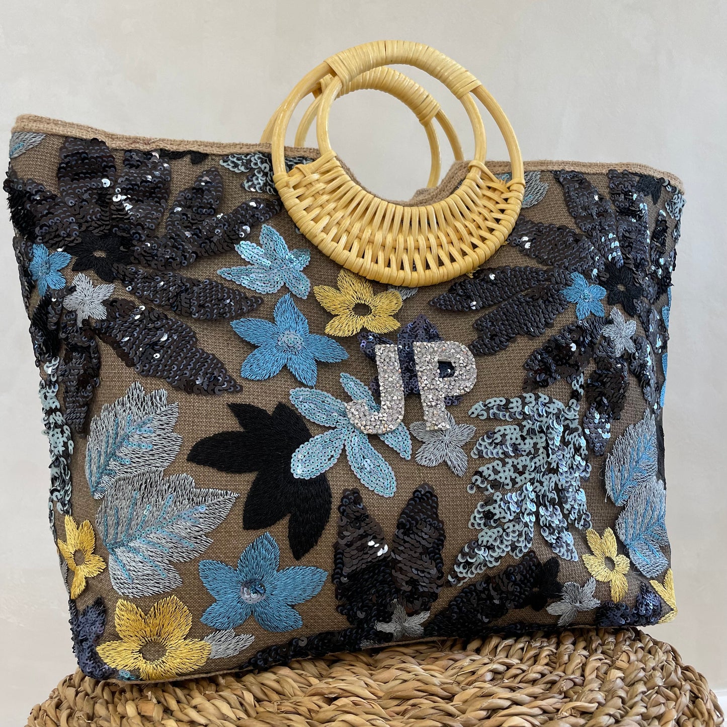 Personalised Sequin Straw Patch Tote Bag