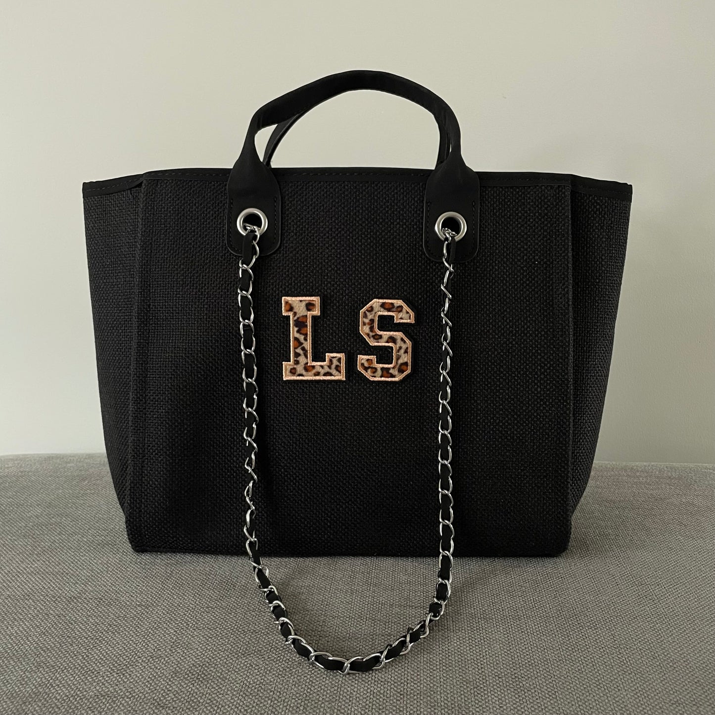 Personalised Leopard Print Patch Chain Large Initial Tote Bags