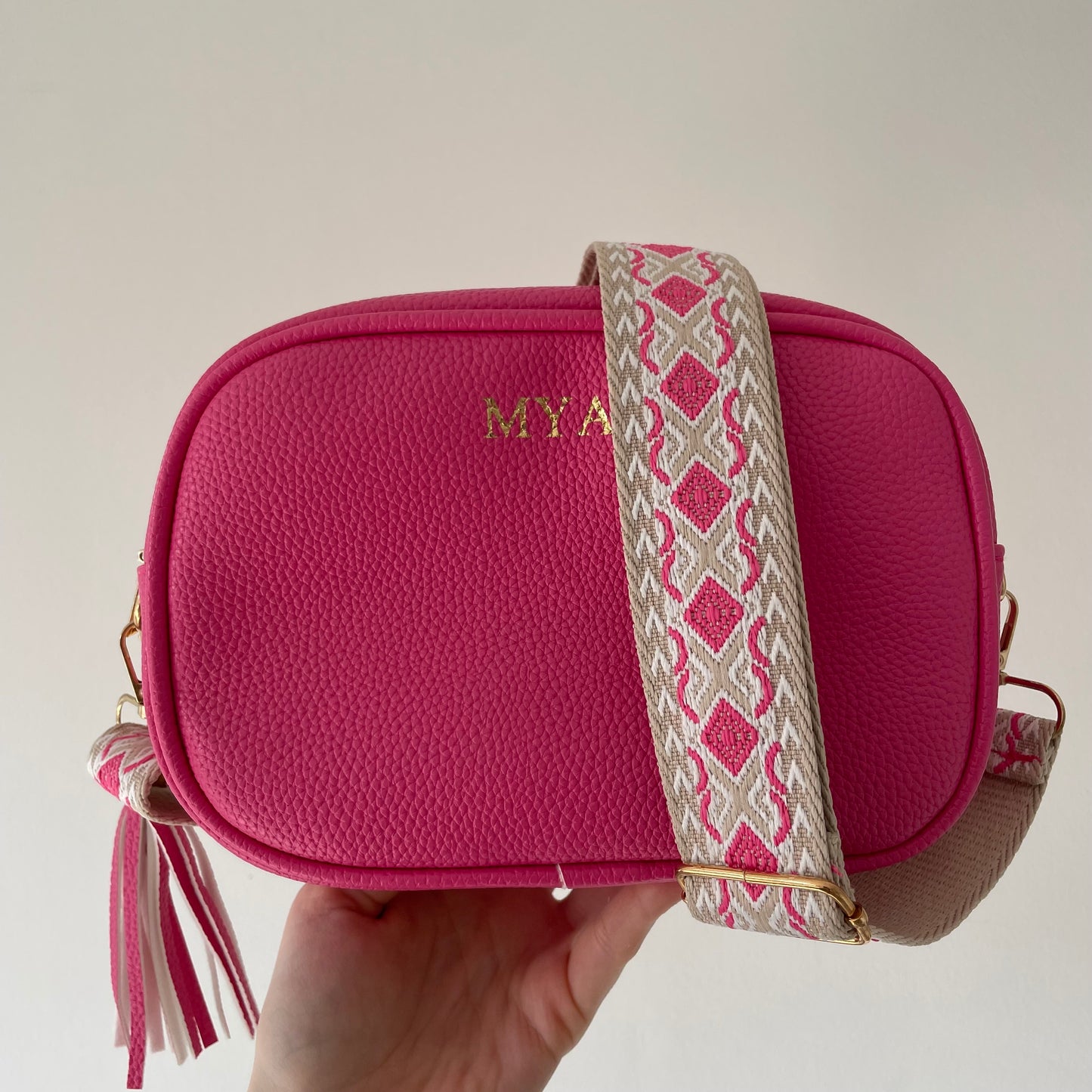 Personalised MAE Embossed Faux Leather Tassel 2 Strap Cross Body Bag