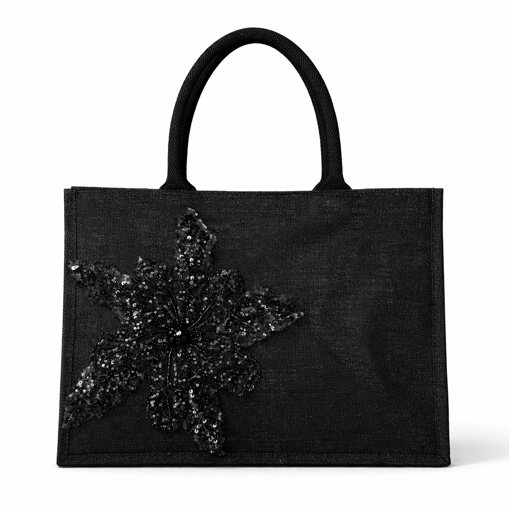 Black Flower Jute Tote Bag