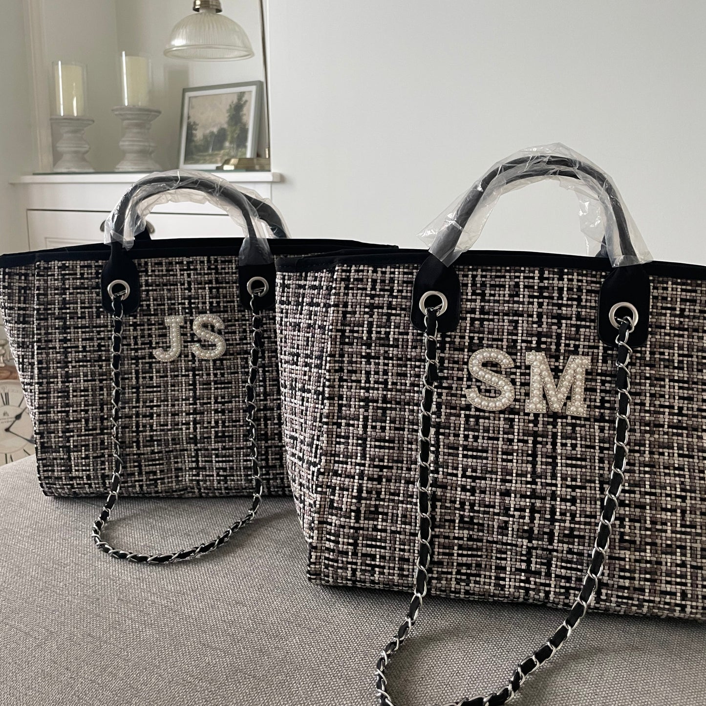Personalised White Pearl Patch Chain Large Initial Tote Bags