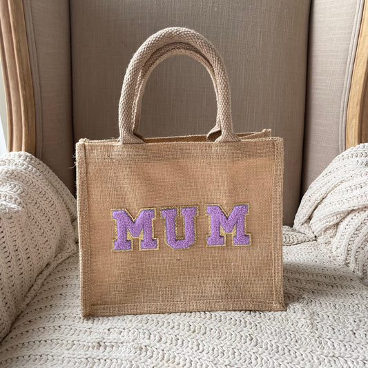 Personalised Patch 3 Letters Square Jute Lunch Bridesmaid Top Handle Gift Bag