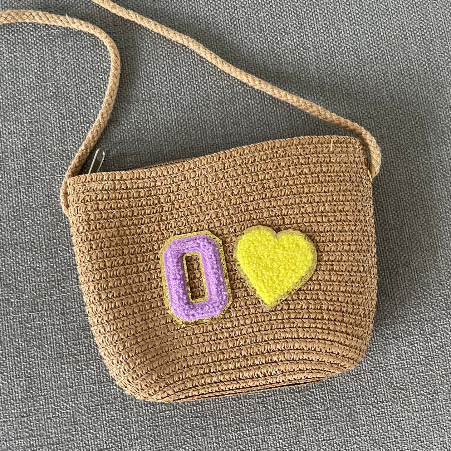 Personalised Childrens Patch Heart Straw Cross Body Bag