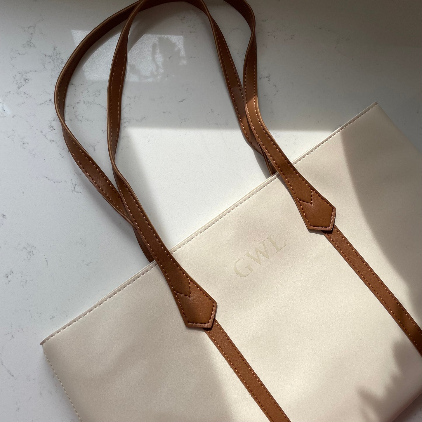 Personalised LAUREN Embossed Zipped Faux Leather Ribbon Tote Bag