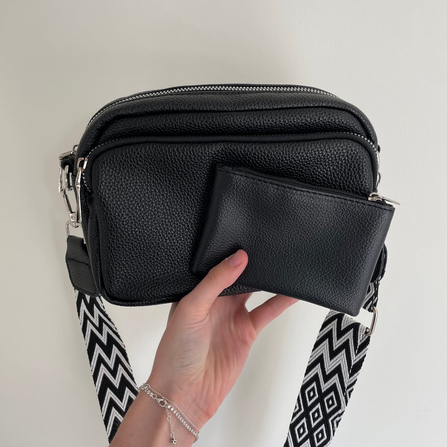 Personalised Black Embossed Cross Body Bag & Coin Purse Set