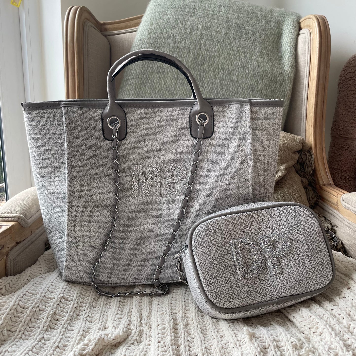 Personalised Crystal Canvas Chain Strap Cross Body Bag