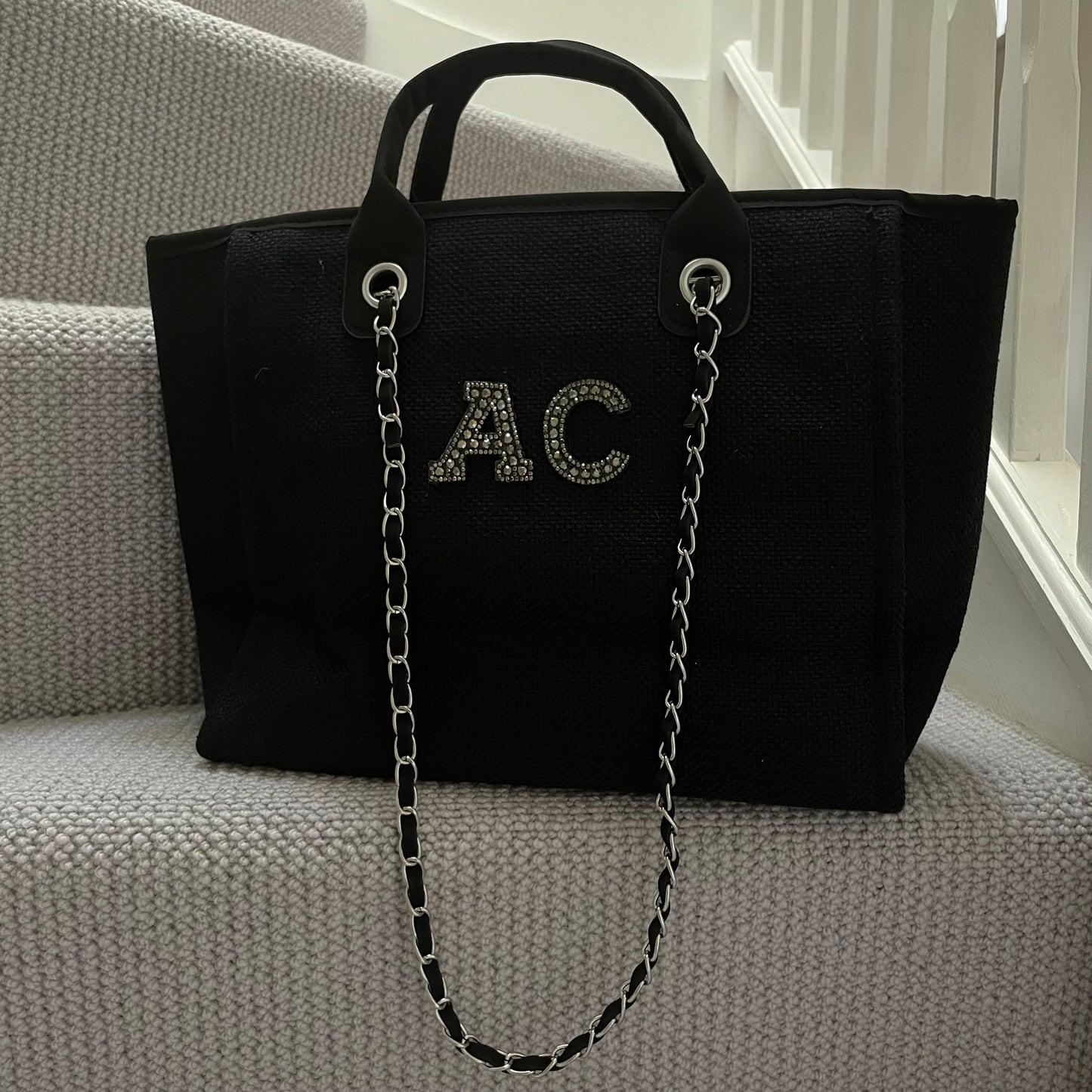 Personalised Matte Black Pearl Patch Chain Large Initial Tote Bags