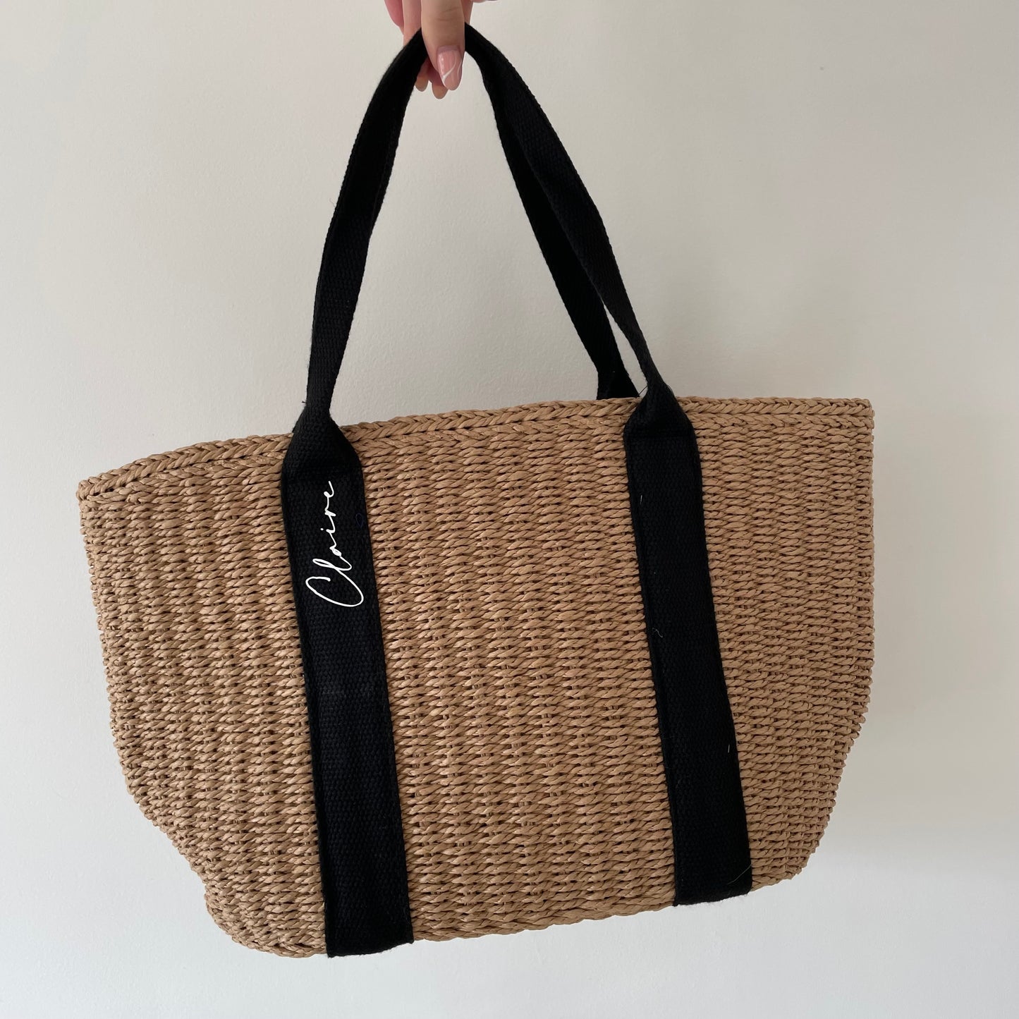 Personalised GRACE Straw Wicker Black Ribbon Drawstring Beach Bag