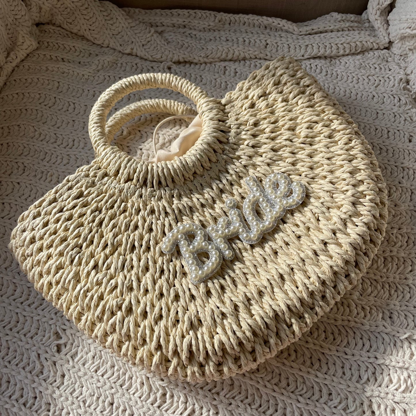 Large Bride Straw Handle Half Moon Semi Circle Basket Drawstring Bag