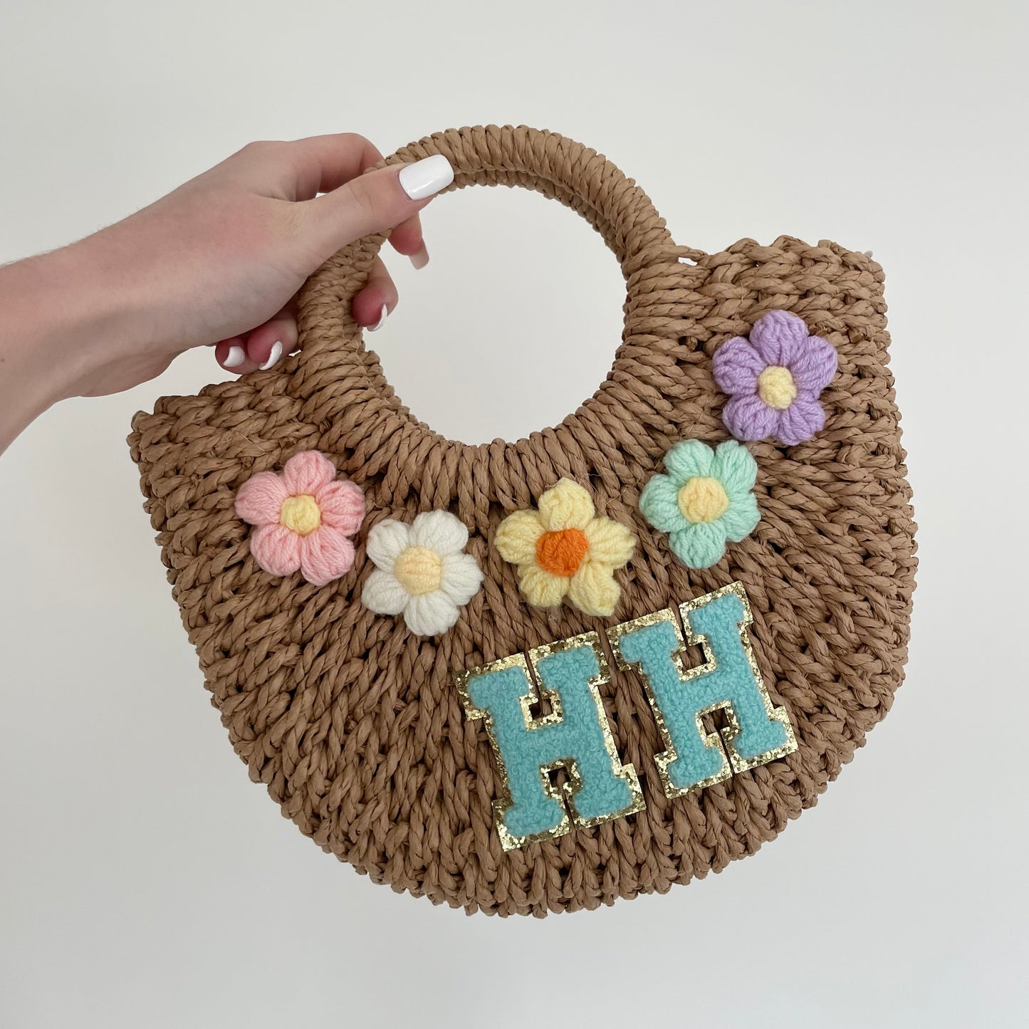 Personalised Flower Patch Straw Half Moon Semi Circle Basket Drawstring Bag