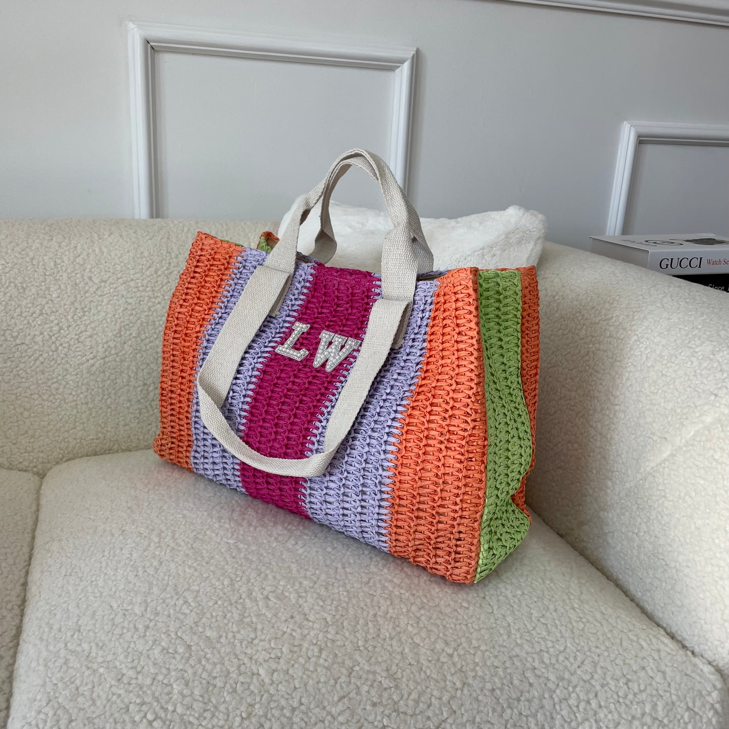 Personalised CONNIE Rainbow Stripe Straw Patch Tote Bag