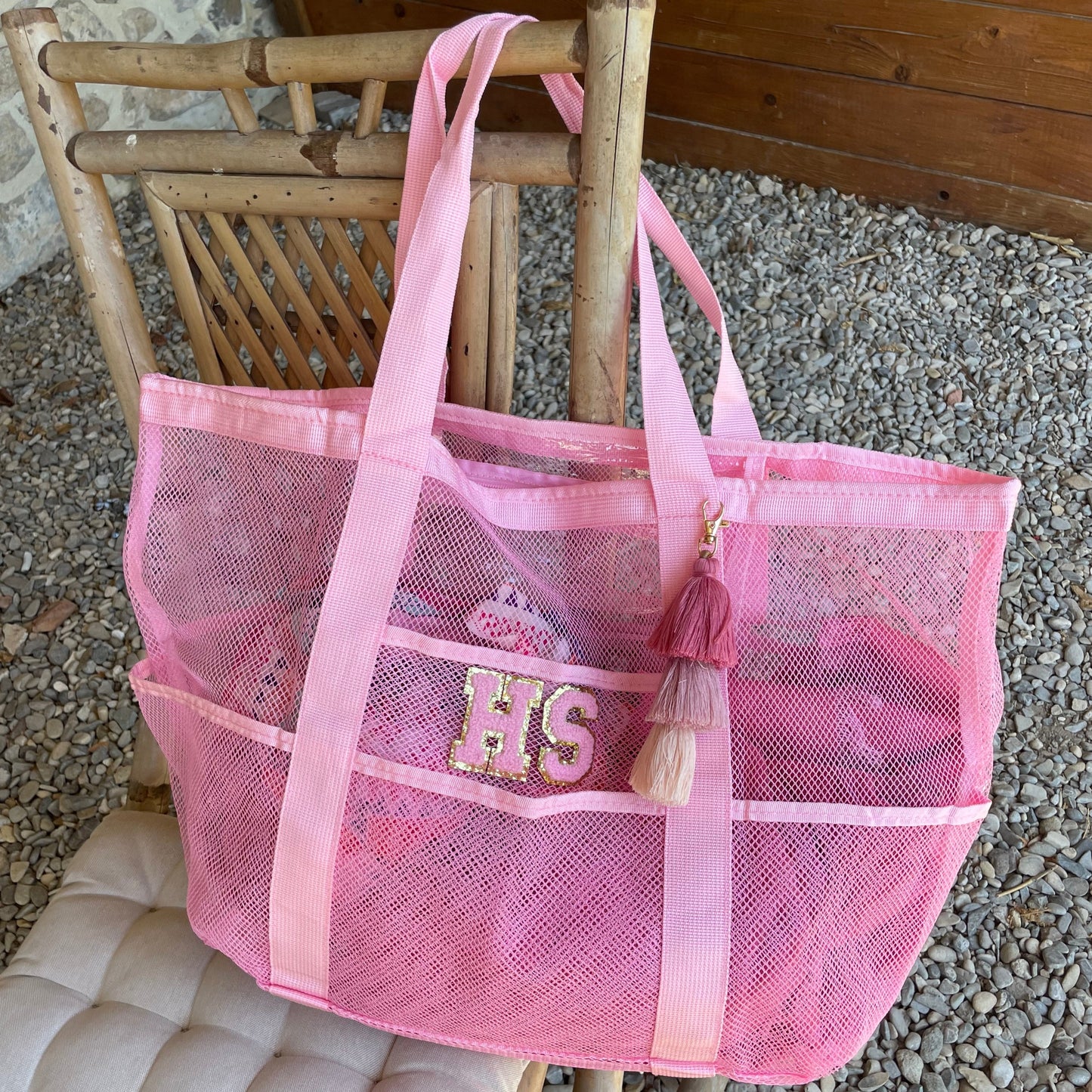 Personalised LACEY Patch Pocket Net Mesh Tote Beach Bag