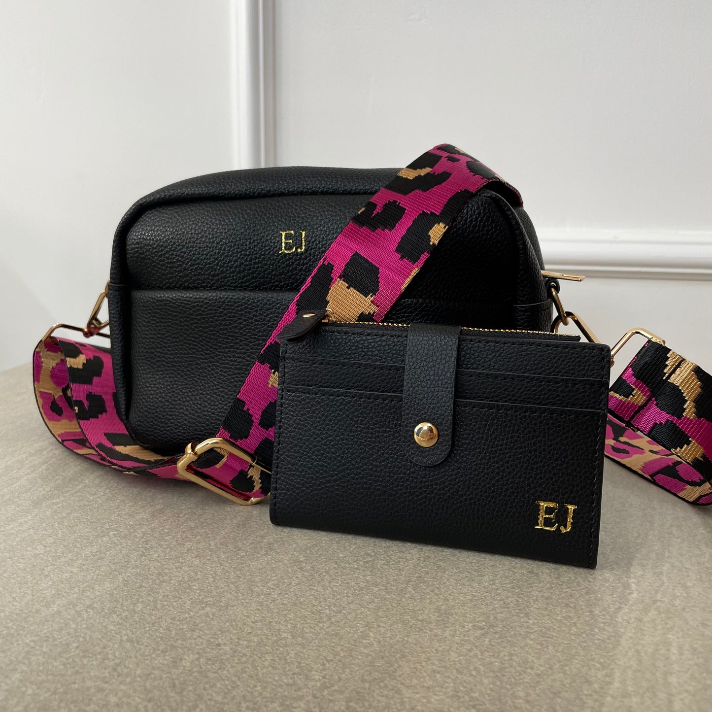 Personalised ELLIE Embossed Faux Leather Leopard Print Cross Body Bag & Purse Set