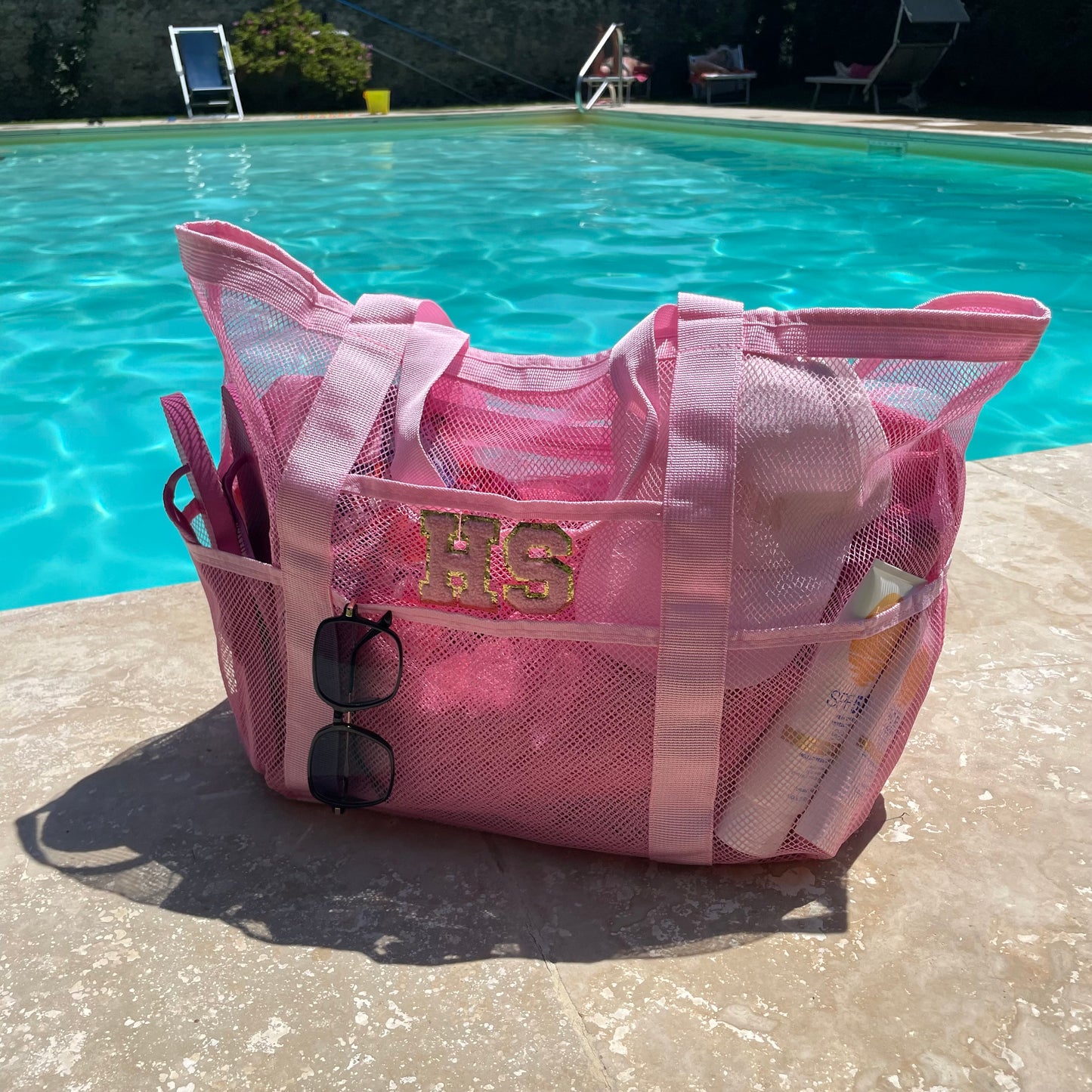 Personalised LACEY Patch Pocket Net Mesh Tote Beach Bag