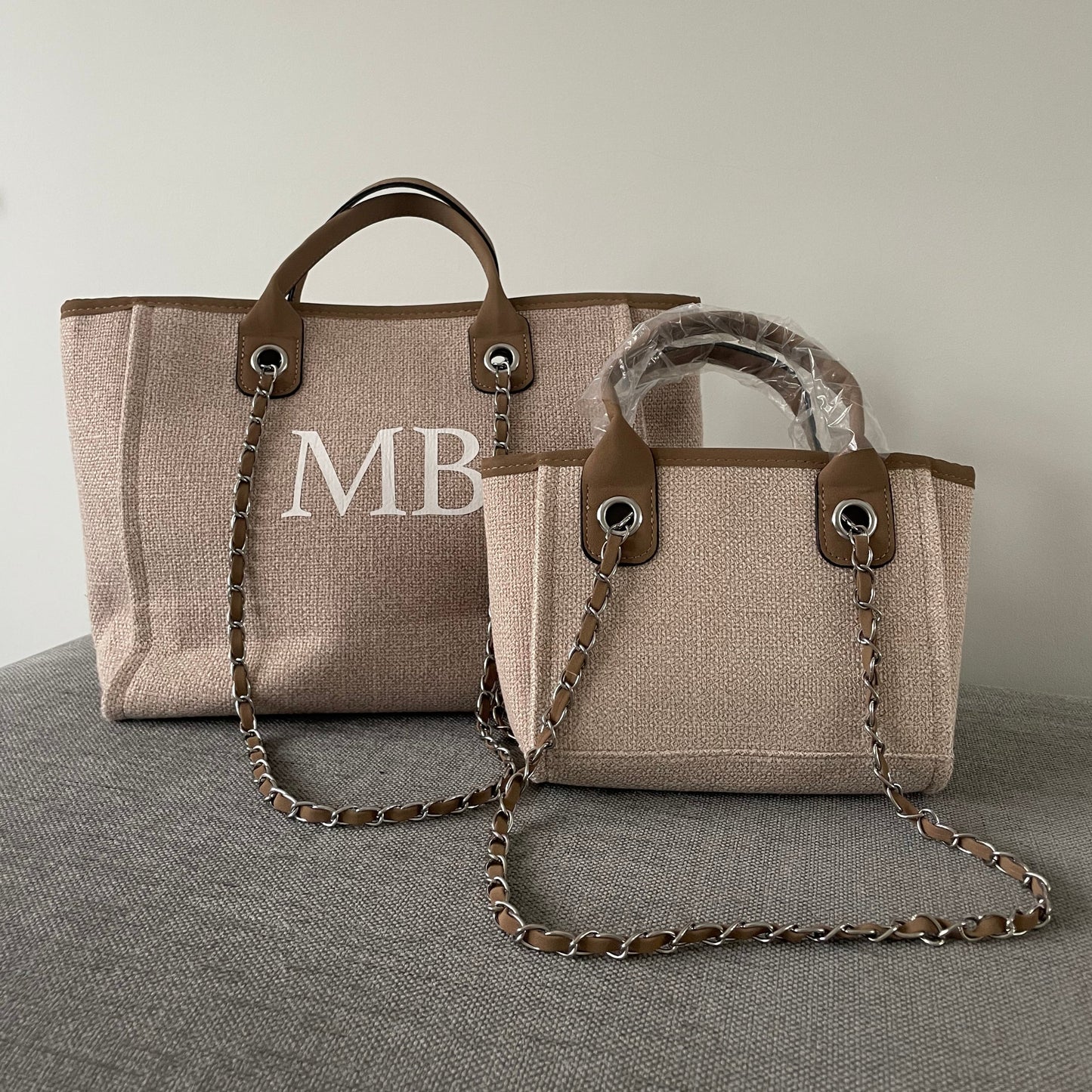 Personalised Canvas Mini Chain Initial Tote Shoulder Bags