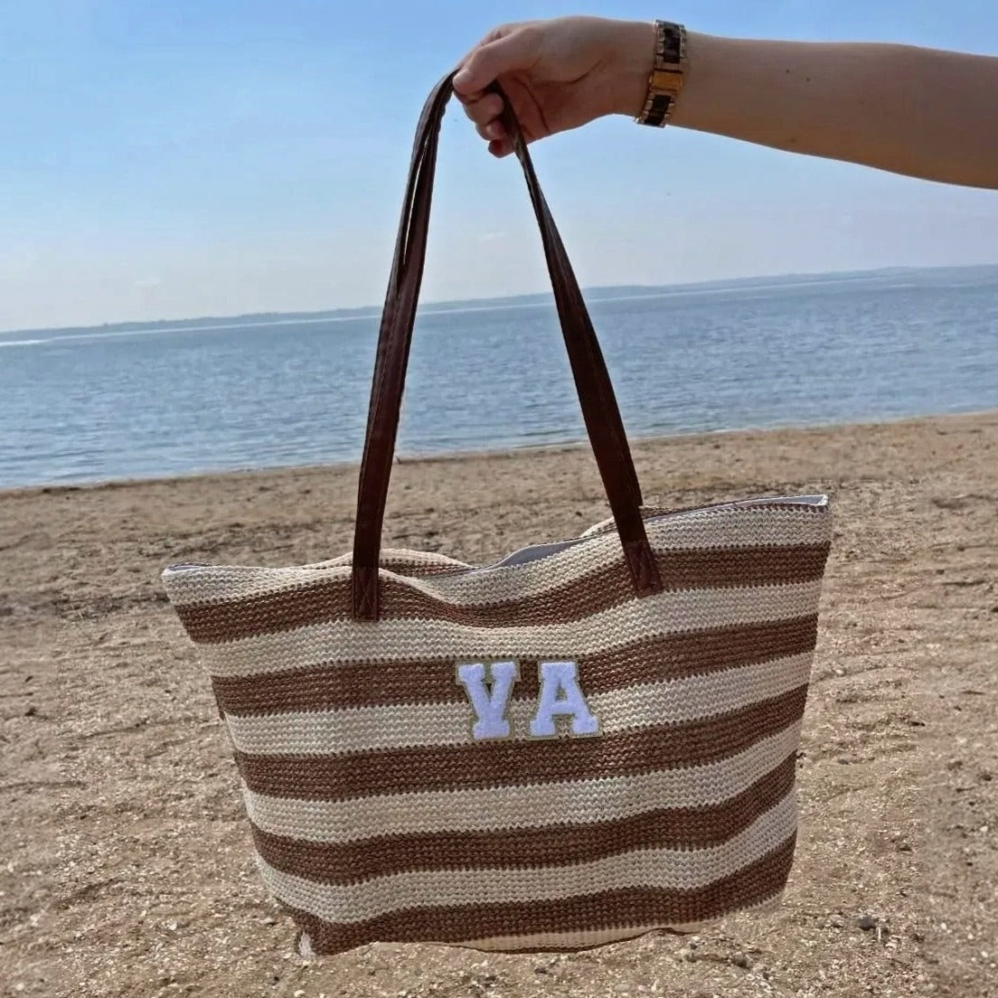Personalised Patch Beige Brown Stripe Zip Tote Beach Bag