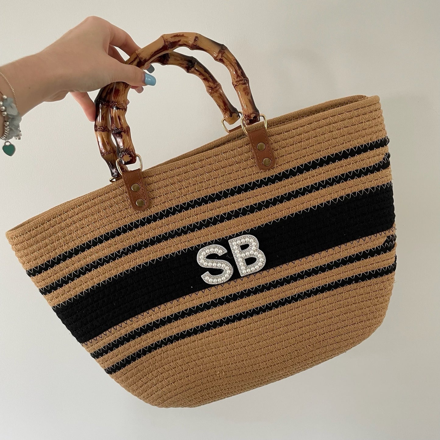 Personalised LENA Rope Stripe Bamboo Handle Tote Beach Bag