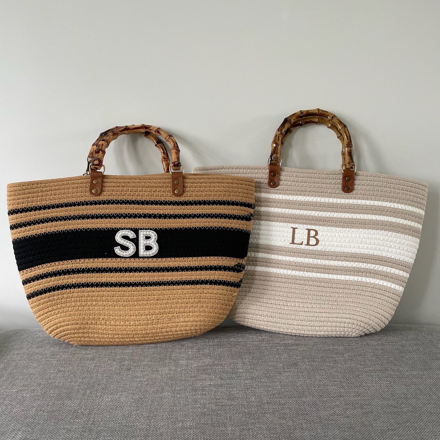 Personalised LENA Rope Stripe Bamboo Handle Tote Beach Bag