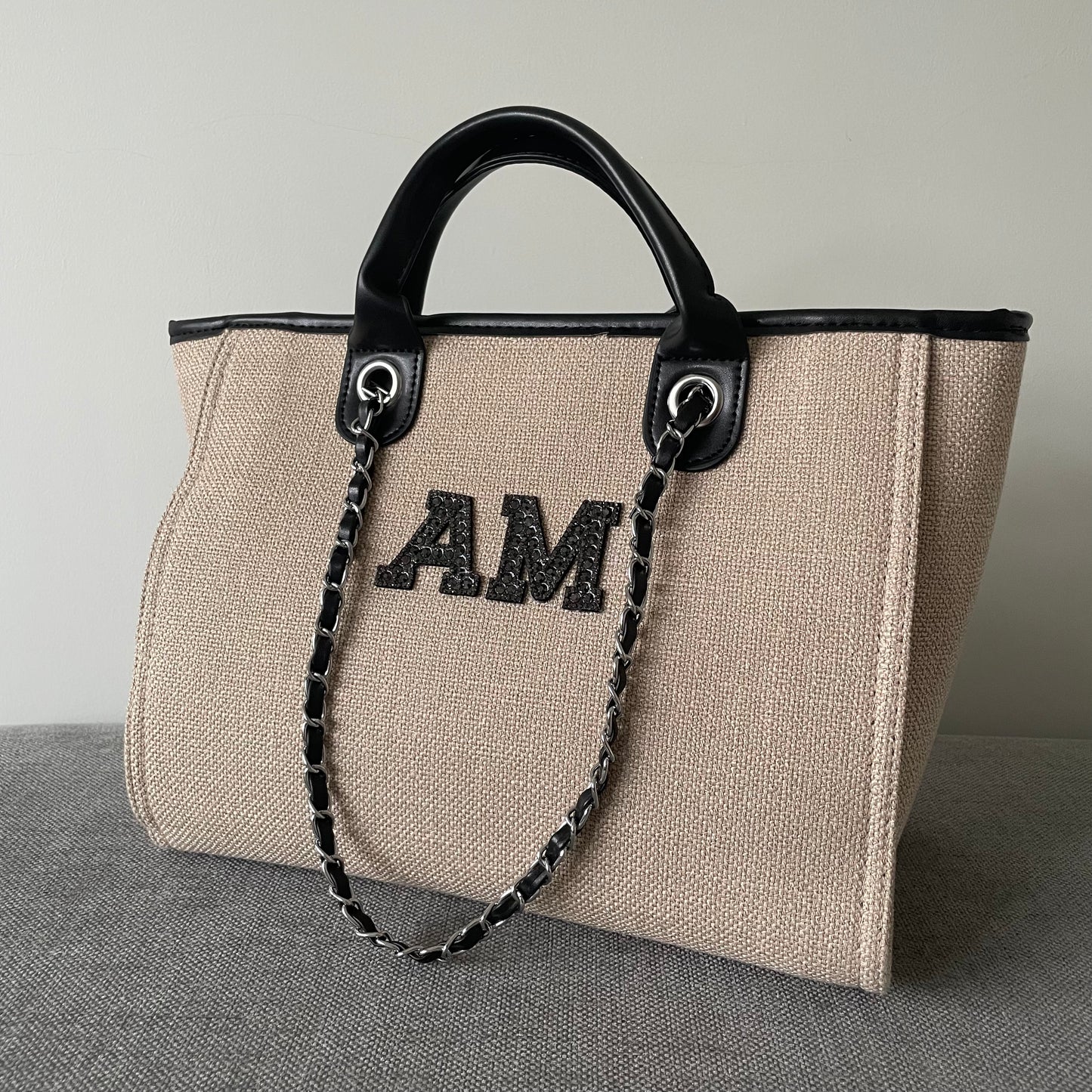 Personalised Matte Black Pearl Patch Chain Large Initial Tote Bags