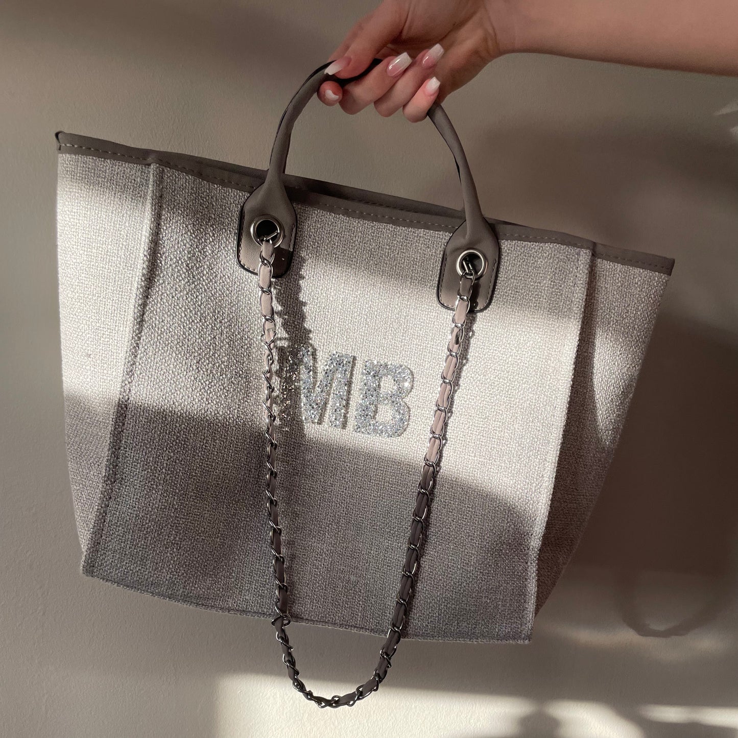 Personalised Silver Crystal Large Initial Chain Tote Bags