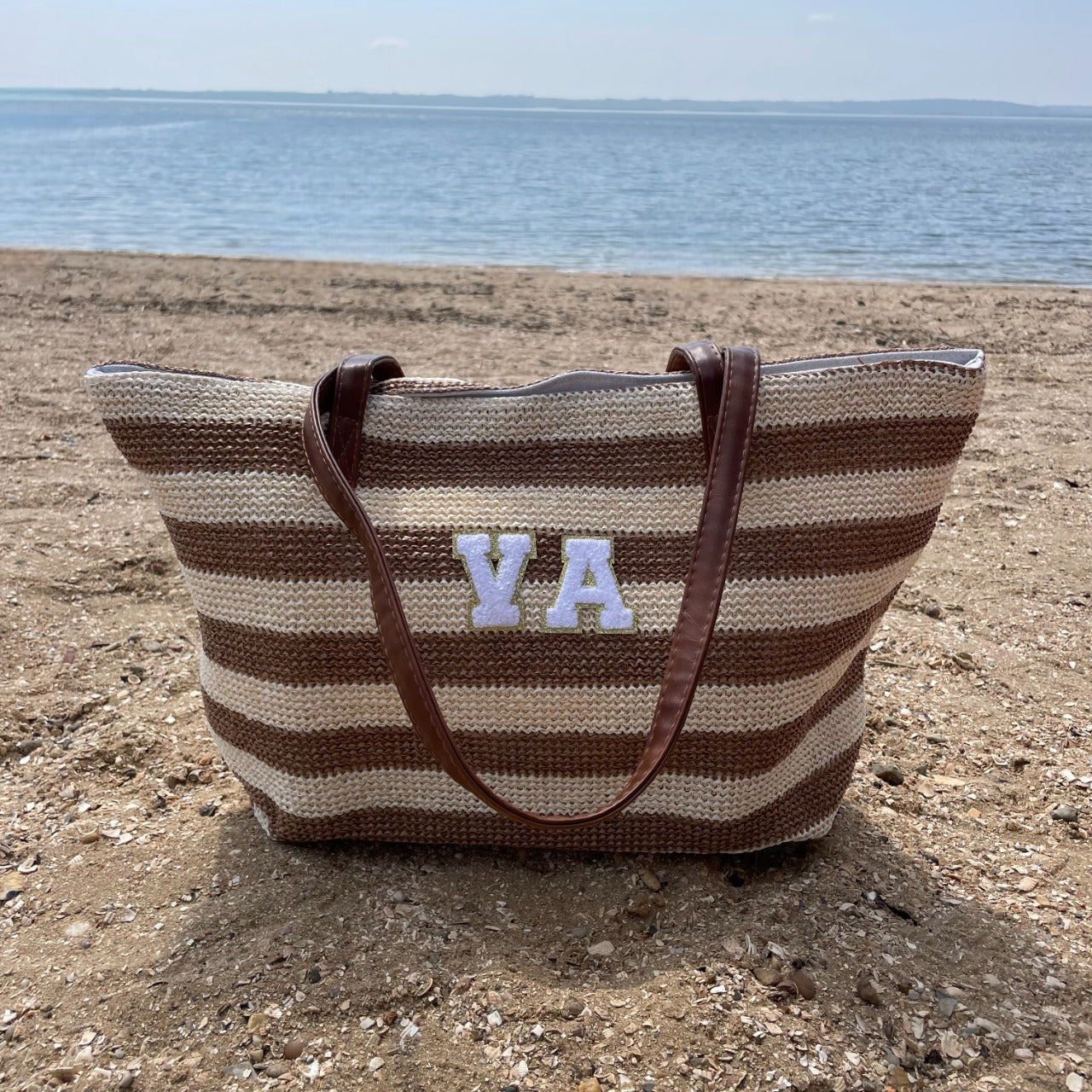 Personalised Patch Beige Brown Stripe Zip Tote Beach Bag
