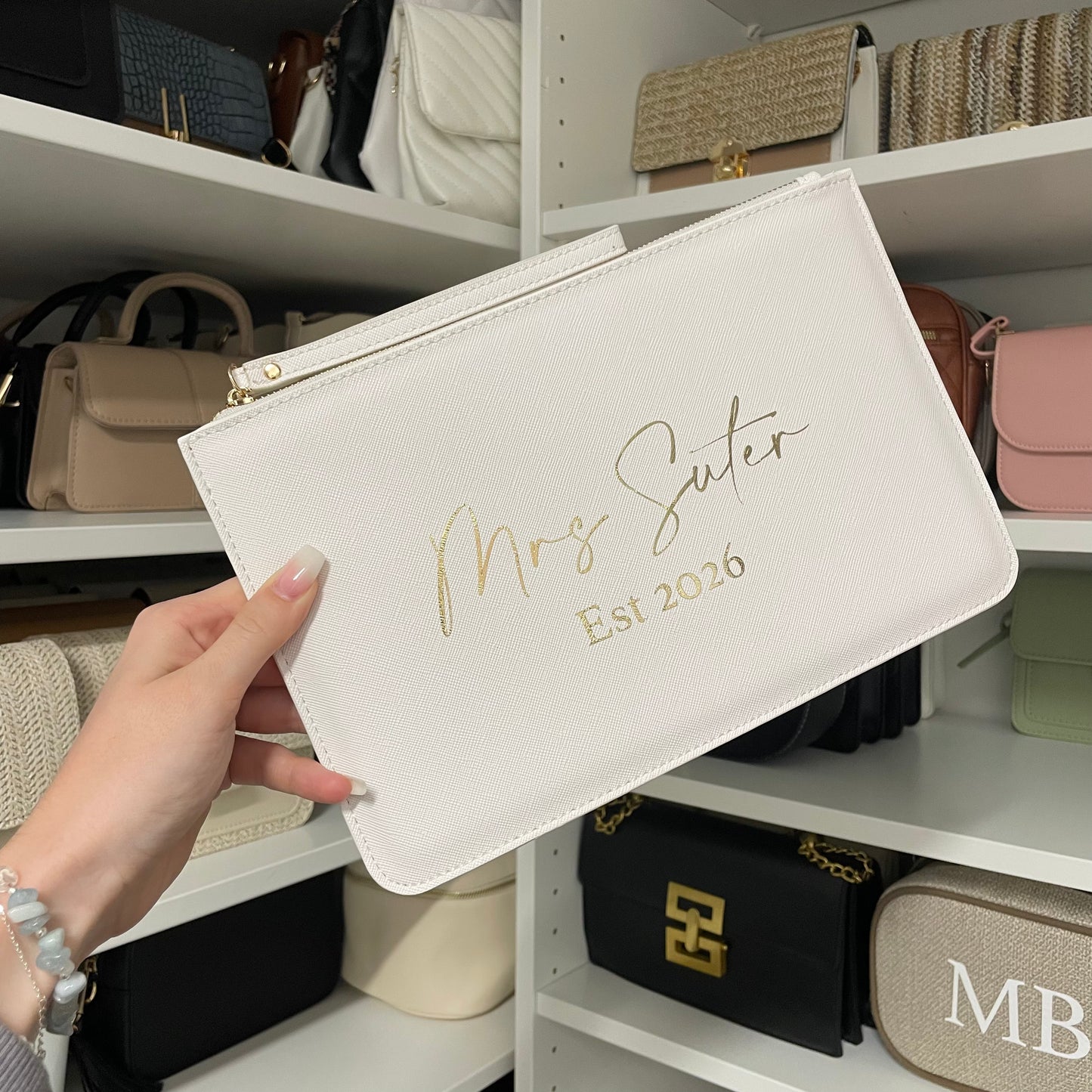 Personalised Mrs To Be Bridal Saffiano Leather Clutch Bag Zip Pouch