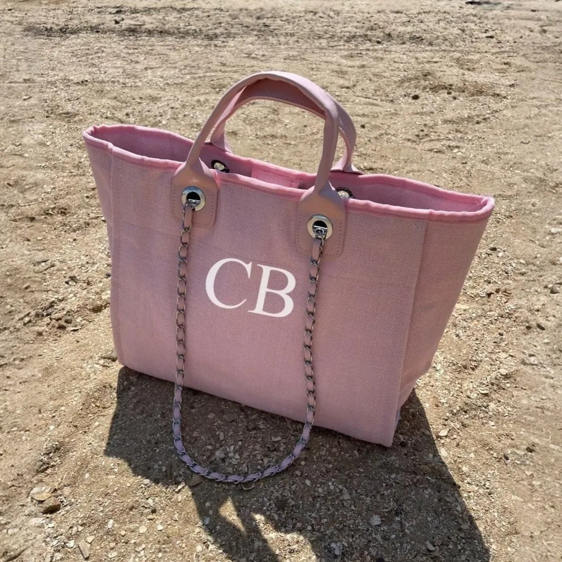 Personalised Pale Pink Large Chain Initial Tote Bags