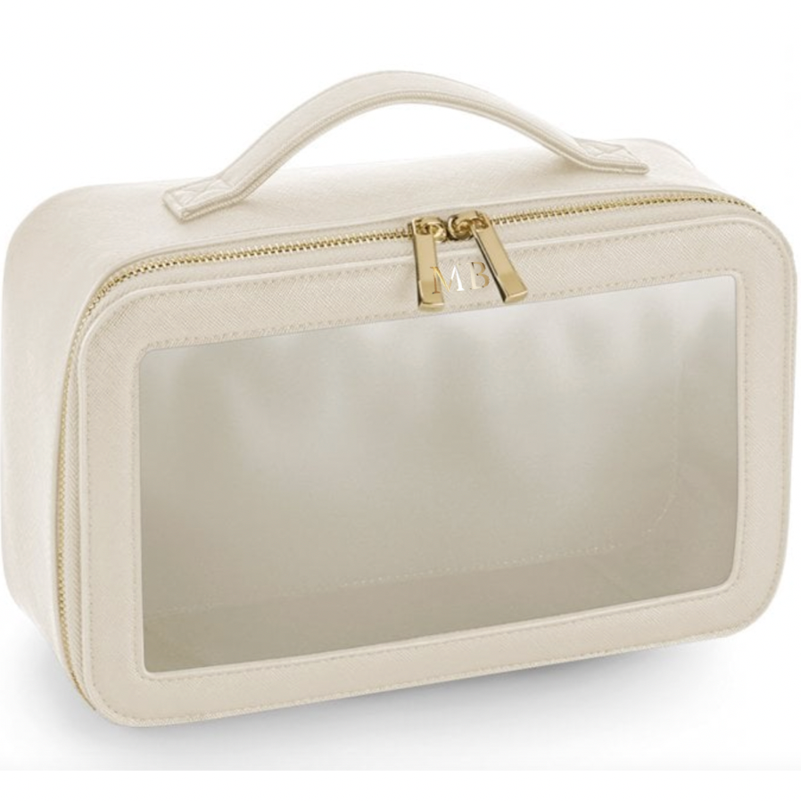 Saffiano Leather Clear Panel Makeup Zip Around Bag