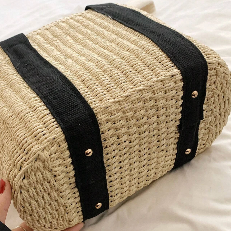 Personalised GRACE Straw Wicker Black Ribbon Drawstring Beach Bag
