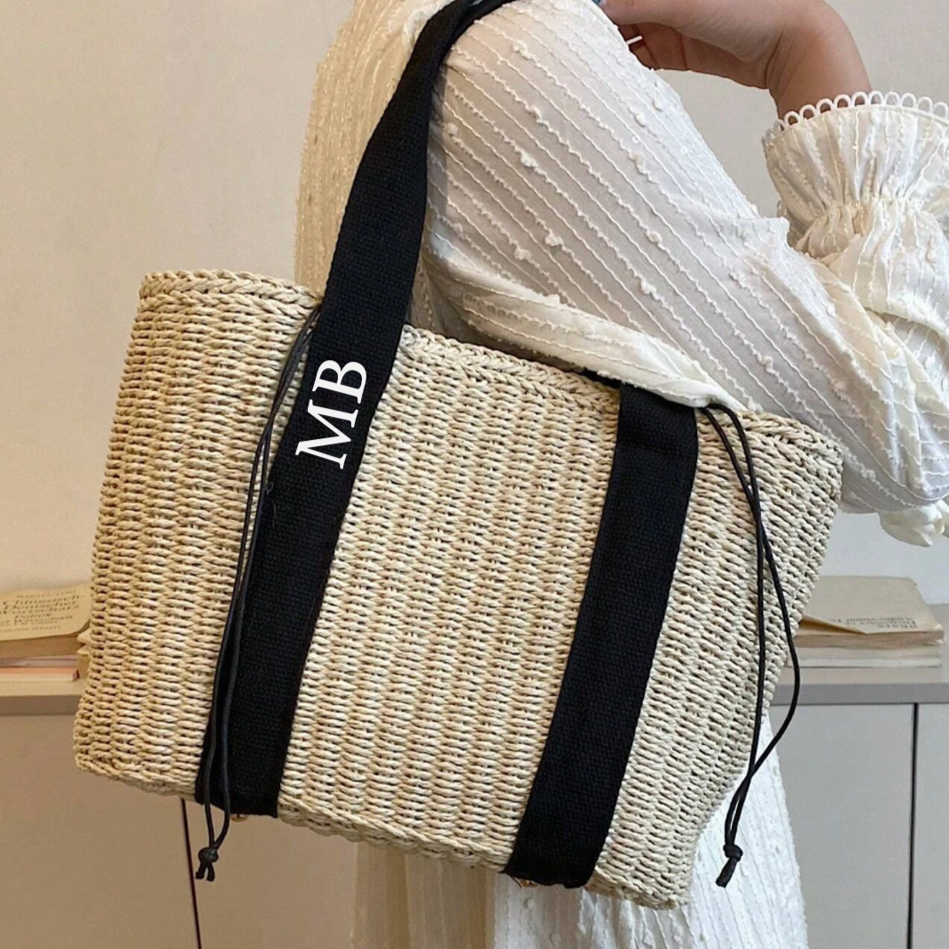 Personalised GRACE Straw Wicker Black Ribbon Drawstring Beach Bag