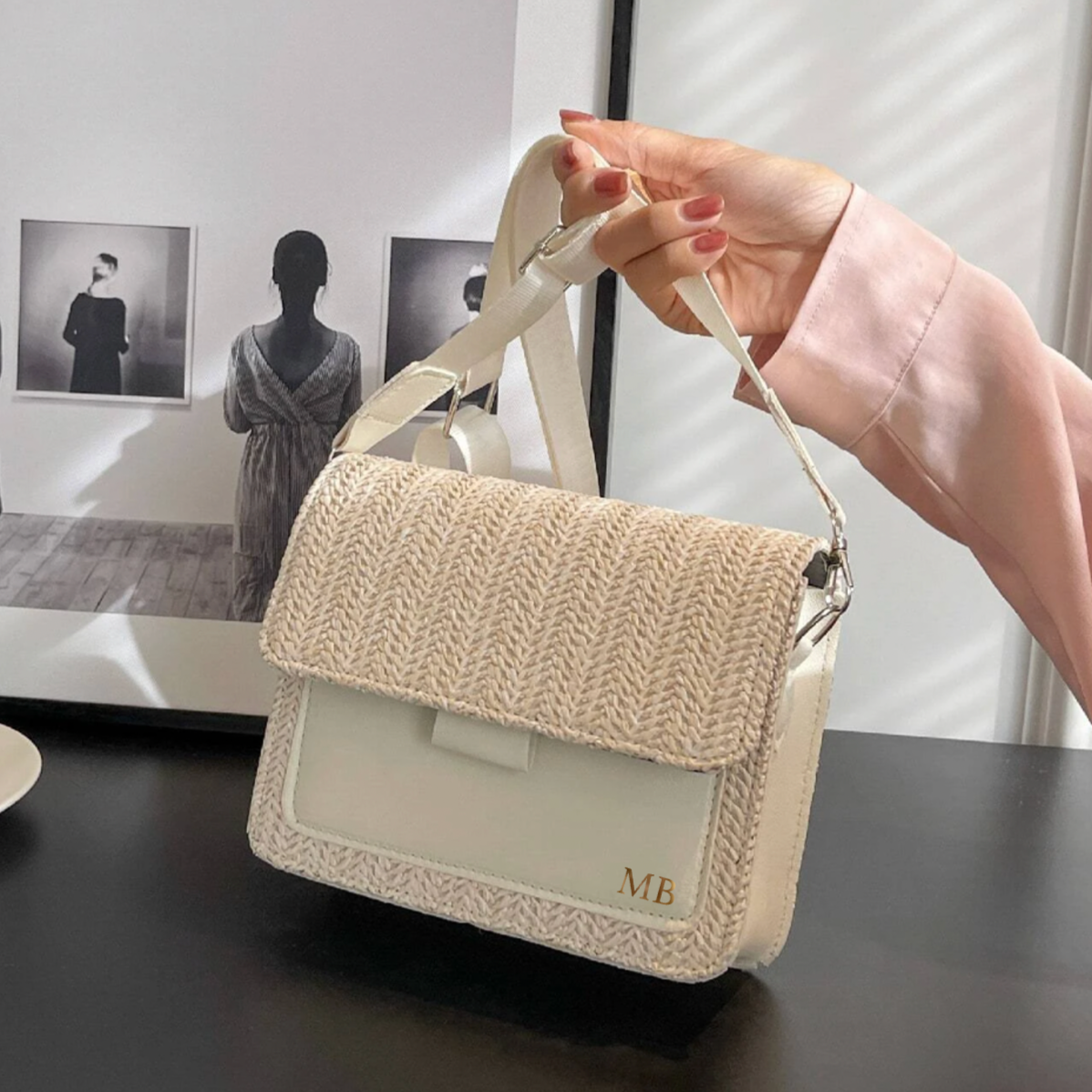 Personalised Mini MICHELLE Straw Cross Body Bag