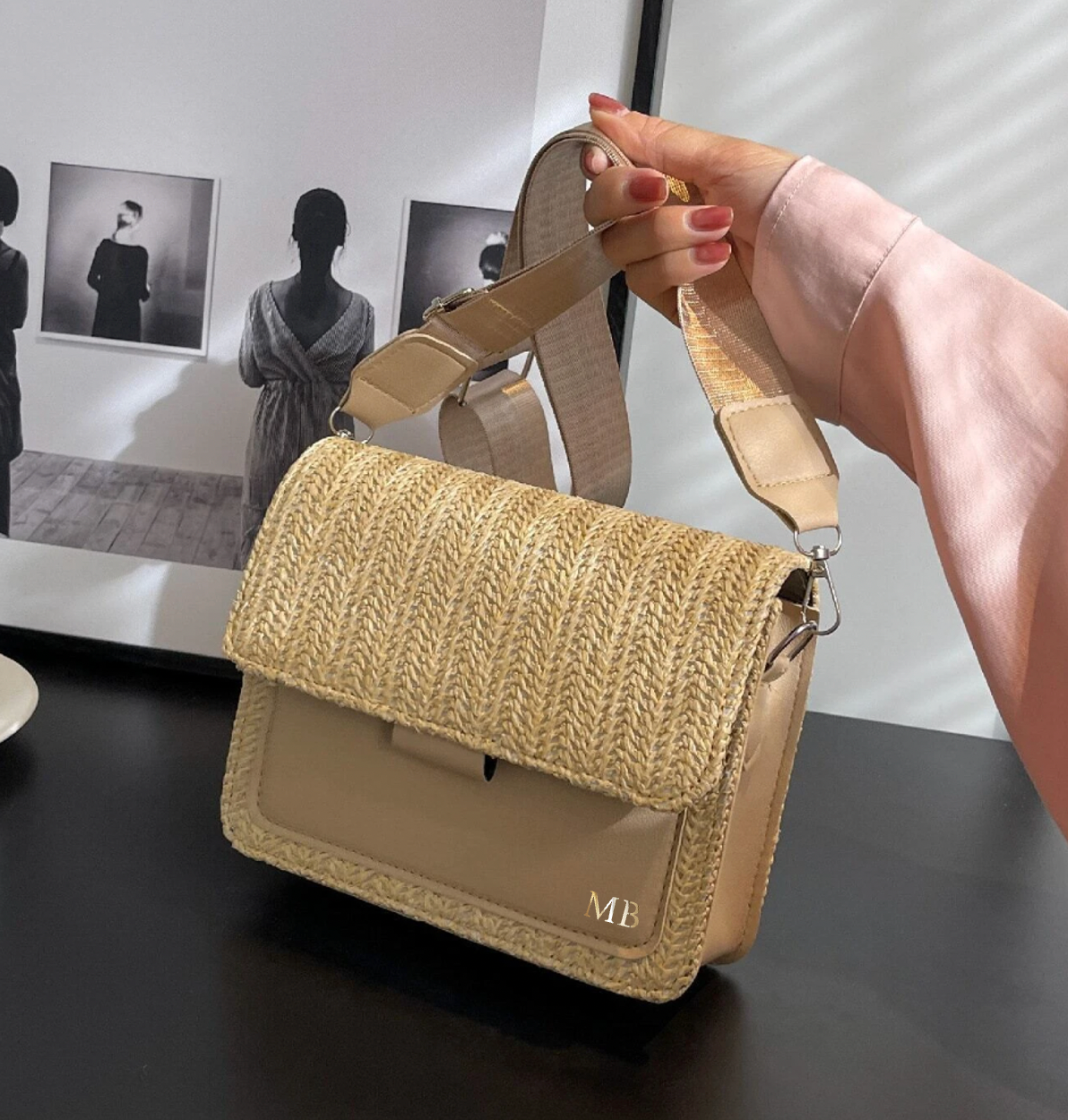 Personalised Mini MICHELLE Straw Cross Body Bag