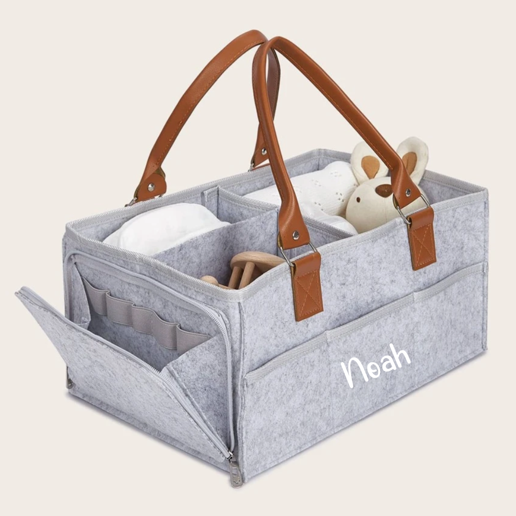 Personalised Felt With Brown Handles Nappy Changing Organiser Bag