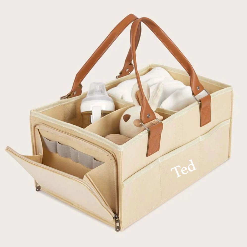Personalised Felt With Brown Handles Nappy Changing Organiser Bag