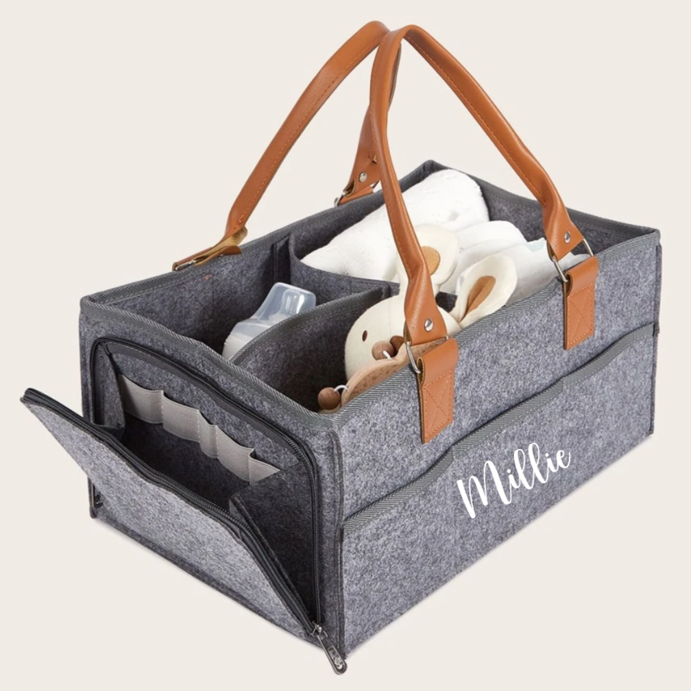Personalised Felt With Brown Handles Nappy Changing Organiser Bag