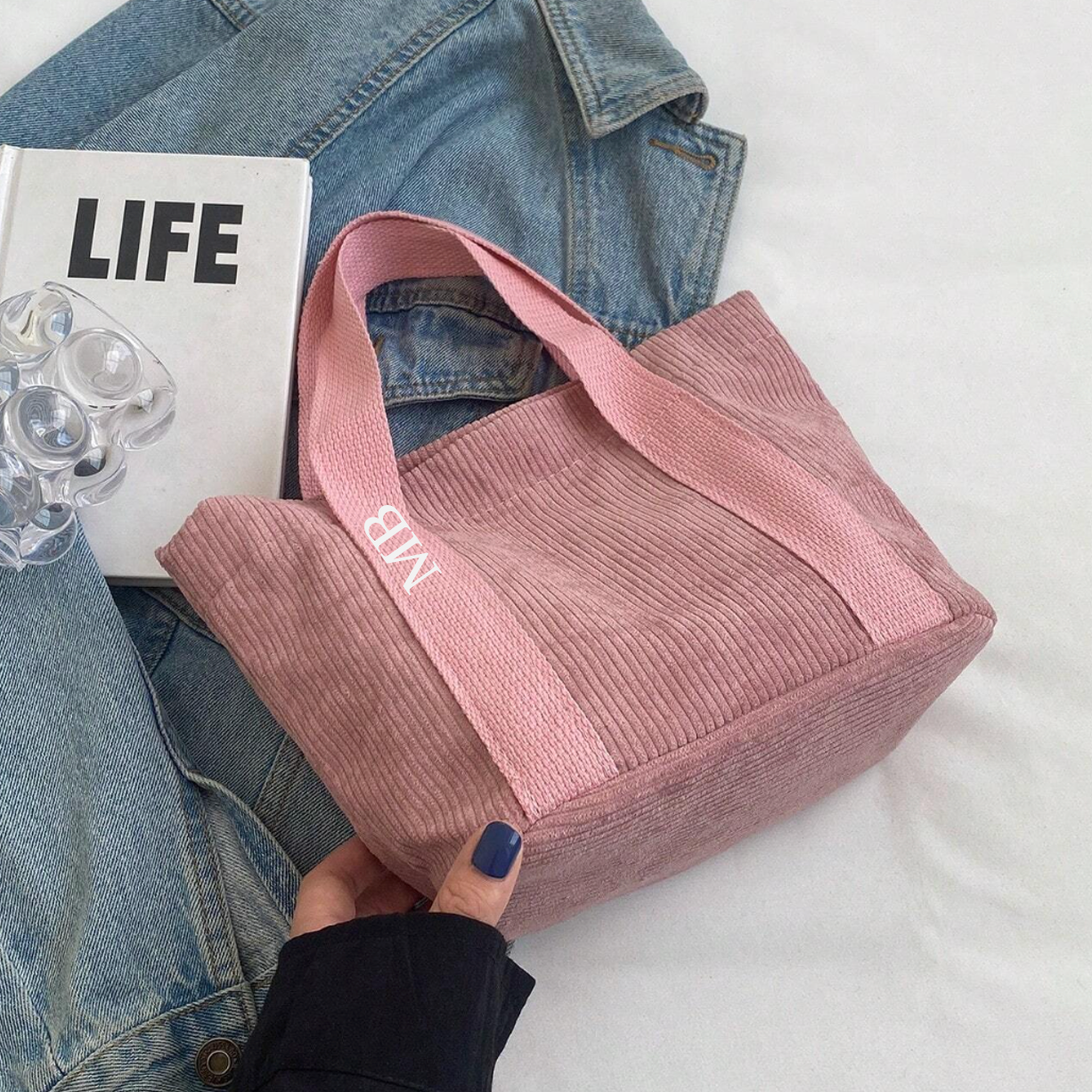 Personalised MIA Ribbon Corduroy Hand Bag