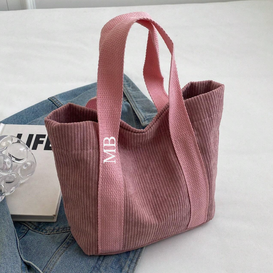 Personalised MIA Ribbon Corduroy Hand Bag