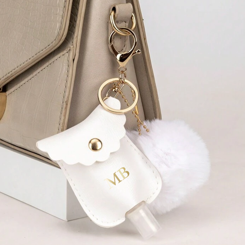 Personalised White Faux Leather Scallop Spray Bottle Pom Pom Key Charms