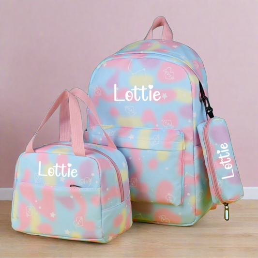 Personalised 3pcs Love Heart Pastel Backpack, Lunch bag & Pencil pouch Set