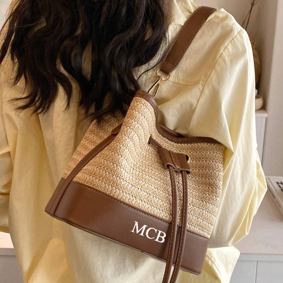 Personalised LEA Embossed Straw Drawstring Top Handle Bucket Bag