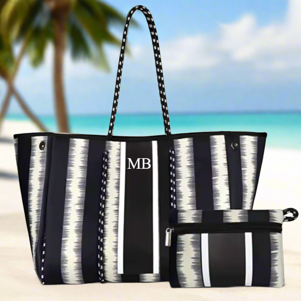 Personalised Neoprene Patch Ecru Stripe Tote Bag & Pouch