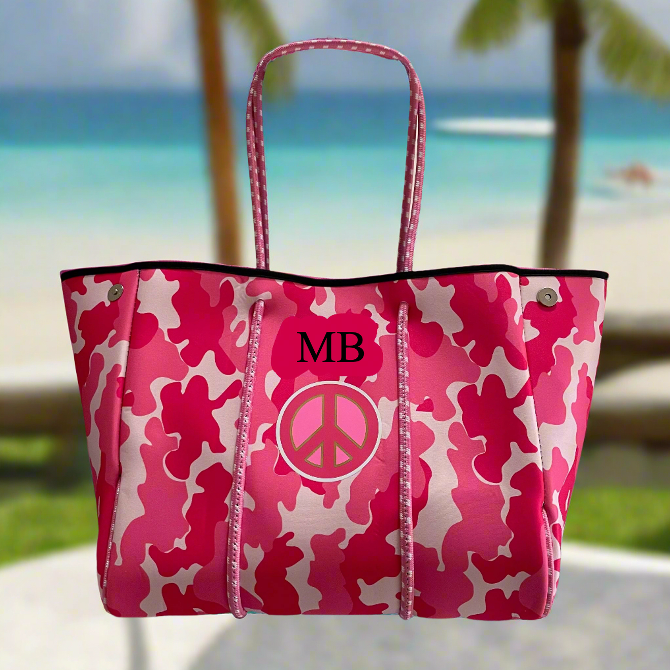 Personalised Pink Peace Camo Neoprene Patch Pink Tote Bag & Pouch