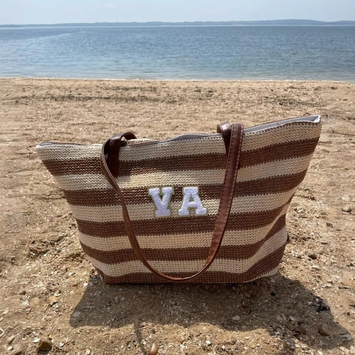 Personalised Patch Beige Brown Stripe Zip Tote Beach Bag