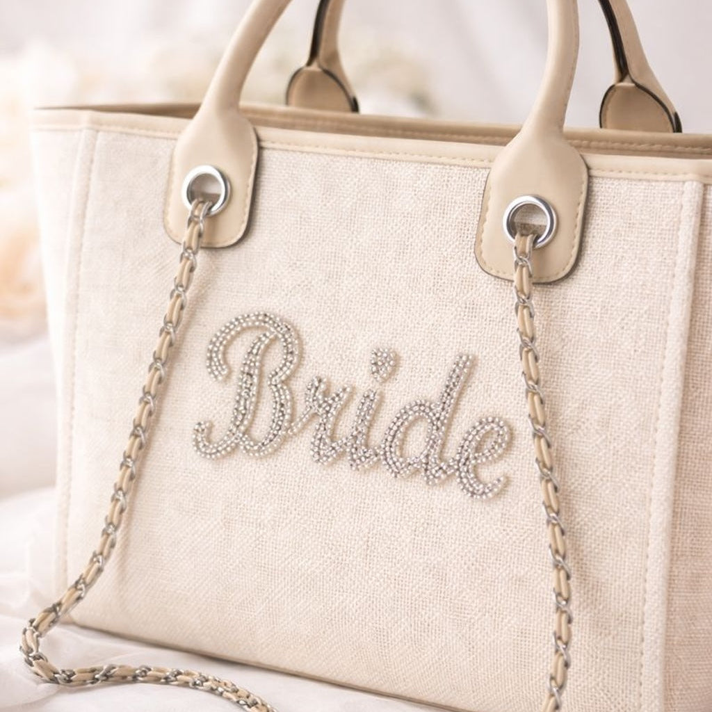 Bride Stone Large Chain Initial Tote Bags