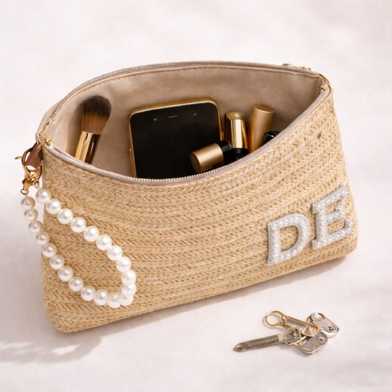 Personalised Pearl Straw Clutch Bag