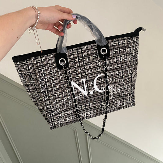 Personalised Black Tweed Large Chain Initial Tote Bags