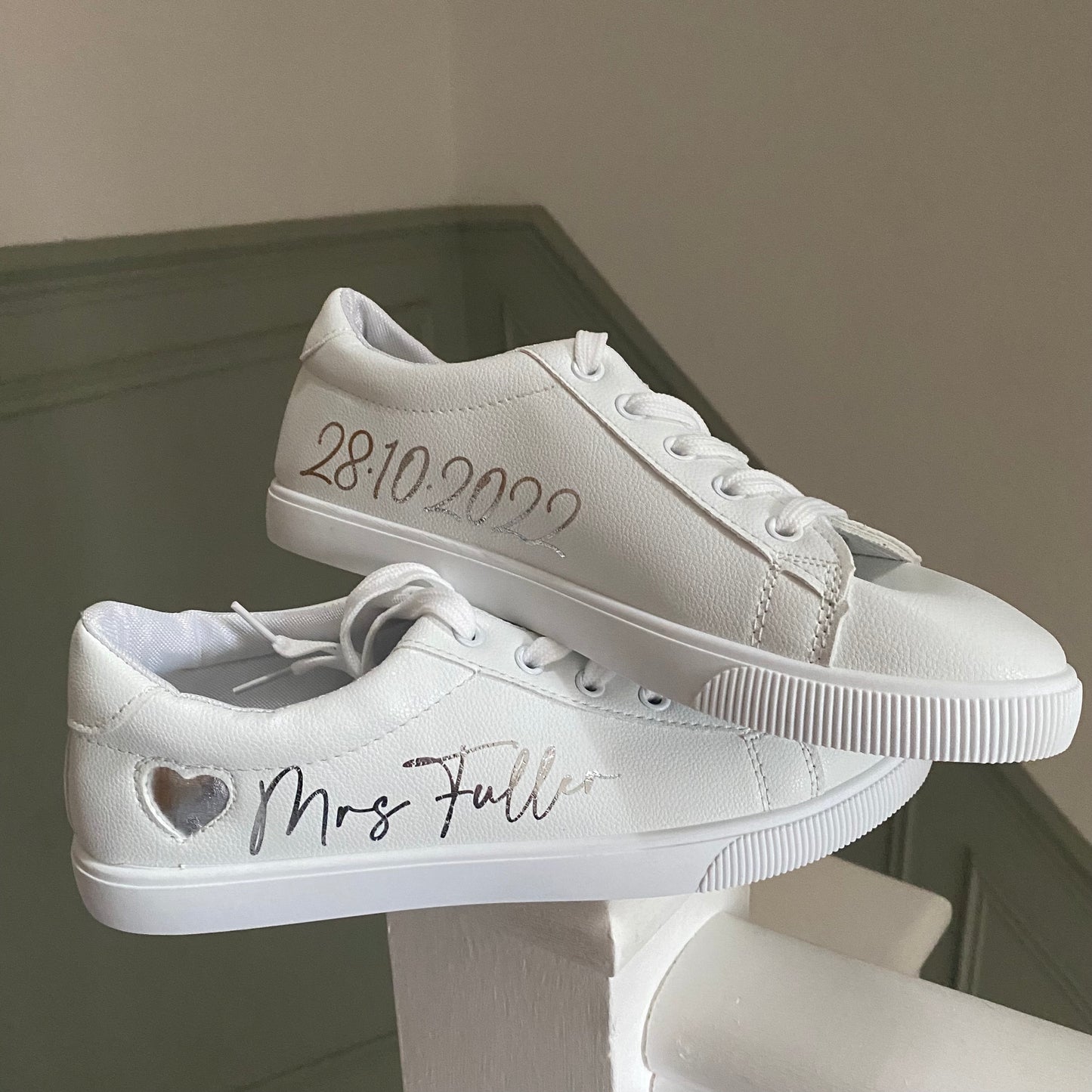 Personalised Bridal Prom White Heart Lace Up Trainers