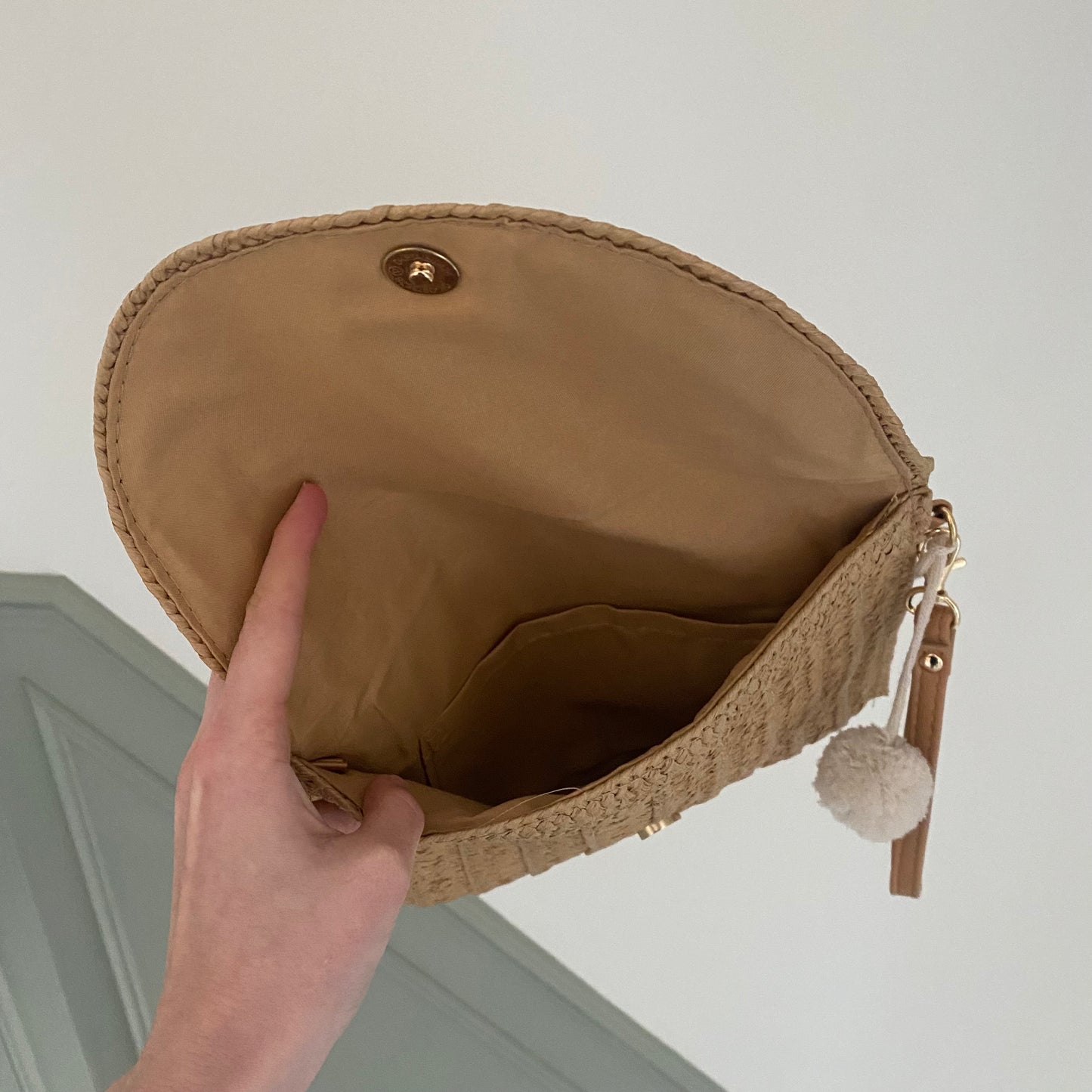 Personalised Straw Gold Pom Pom Clutch Cross Body Bag