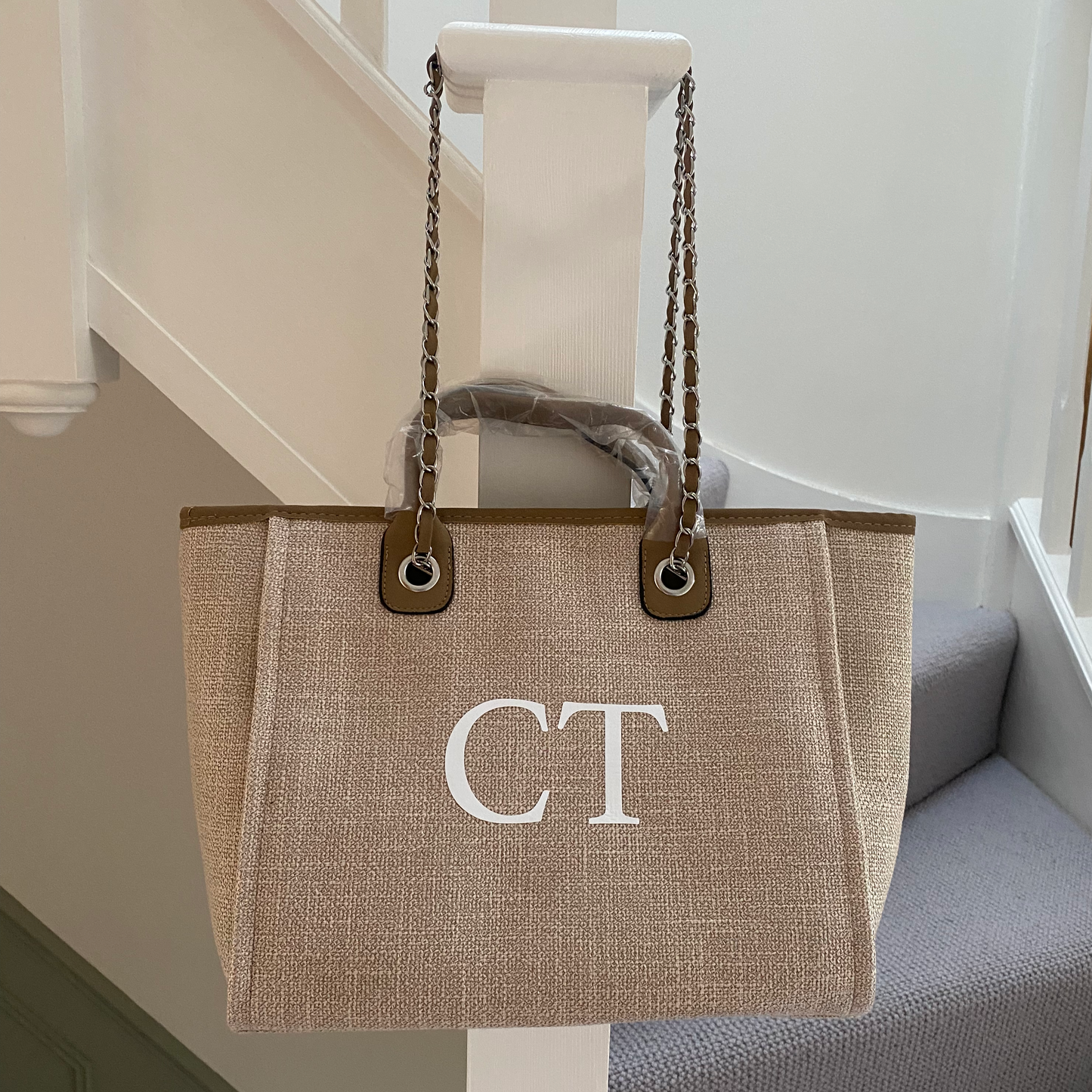 Personalised Beige & Brown Large Chain Initial Tote Bags